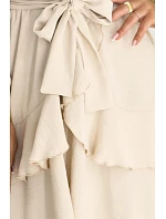 671-1 Smyslné mini šaty s obálkovým výstřihem - béžové 671-1 Smyslné mini šaty s obálkovým výstřihem - béžové