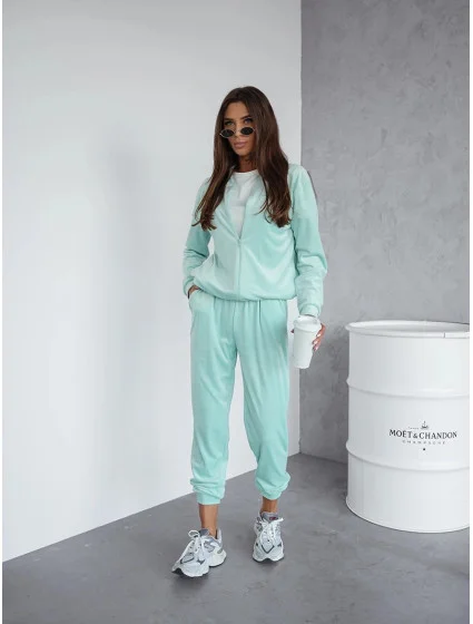 Dámský velurový komplet v mátové barvě s rozepínací mikinou (768)
