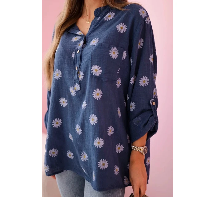 model 21911564 dámská halenka s květinovým vzorem, dlouhými rukávy a knoflíky Džínová - K-Fashion