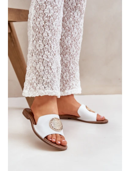 Kožené Pantofle S Dekorací Na Plochém Podpatku Bílé Zazoo model 21682298 - Boto Kožené Pantofle S Dekorací Na Plochém Podpatku Bílé Zazoo model 21682298 - Boto