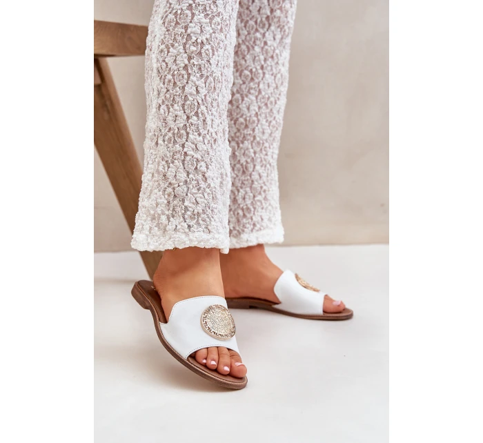 Kožené Pantofle S Dekorací Na Plochém Podpatku Bílé Zazoo model 21682298 - Boto Kožené Pantofle S Dekorací Na Plochém Podpatku Bílé Zazoo model 21682298 - Boto