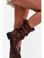 Vlněné dámské kozačky do poloviny lýtka s pásky a přezkami hnědé Halvessa