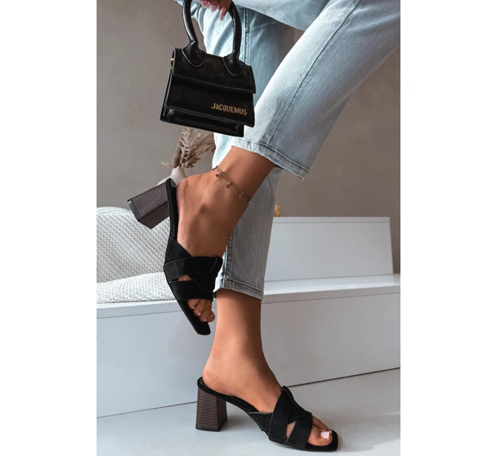 Dámské sandály na podpatku s pásky Eko semišové Černé model 21937775 - Boto