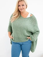 Dámský oversized průsvitný svetr s výstřihem do V a delším zadním dílem khaki