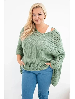 Dámský oversized model 22293714 svetr s výstřihem do V a delším zadním dílem khaki - K-Fashion