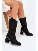 Dámské perforované kozačky do poloviny lýtka ve stylu kovbojek S.Barski – černé, eko kůže