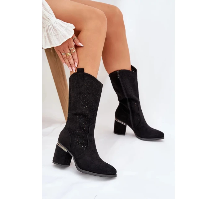 Dámské perforované kozačky do poloviny lýtka ve stylu kovbojek S.Barski – černé, eko kůže