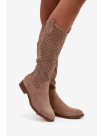 Dámské kozačky na plochém podpatku s prolamovaným vzorem S.Barski – béžové