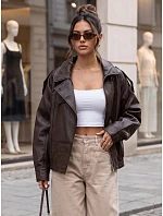 Dámská kožená bunda s stojáčkem, hnědá, FashionStreet TY5961 Dámská kožená bunda s stojáčkem, hnědá, FashionStreet TY5961