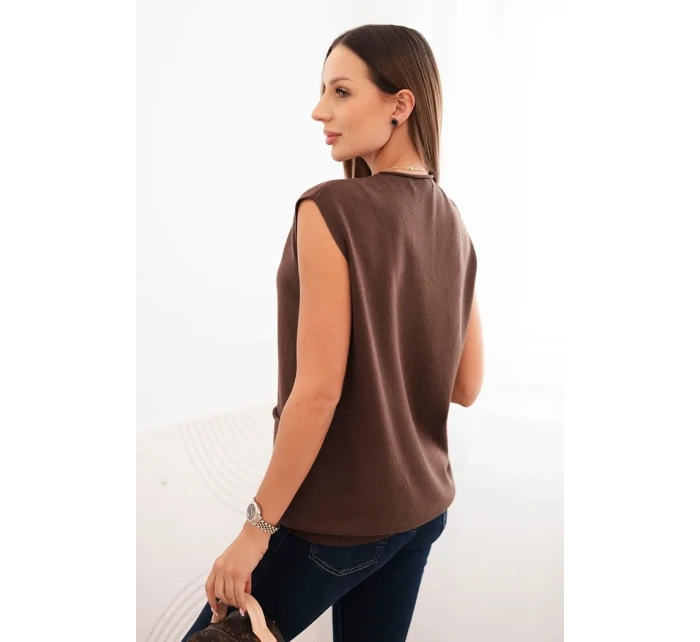 Dámský viskózový svetr bez rukávů s kapsami a výstřihem do V hnědý Dámský viskózový svetr bez rukávů s kapsami a výstřihem do V hnědý