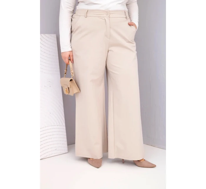Dámské kalhoty Plus Size s širokou nohavicí a vysokým pasem béžové