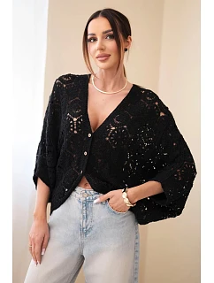 Dámský letní krajkový svetr s knoflíky a dlouhým rukávem černý