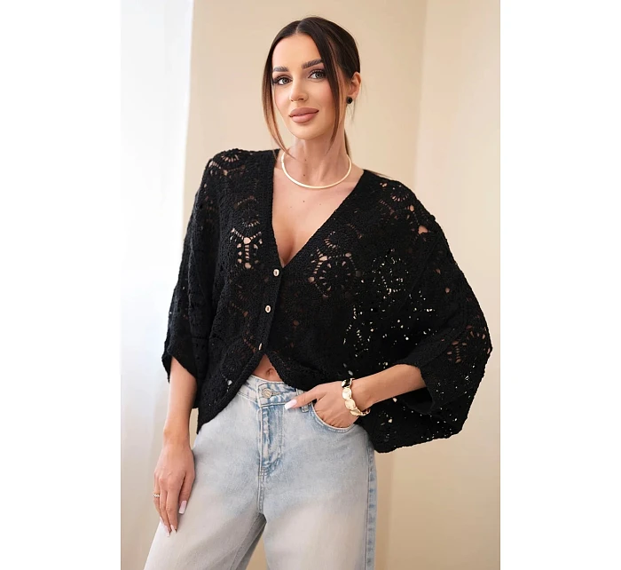 Dámský letní krajkový svetr s knoflíky a dlouhým rukávem černý Dámský letní krajkový svetr s knoflíky a dlouhým rukávem černý