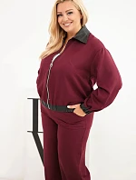 Dámská souprava Plus Size s mikinou na zip a širokými kalhotami bordó