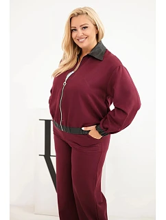 Dámská souprava Plus Size s mikinou na zip a širokými kalhotami bordó