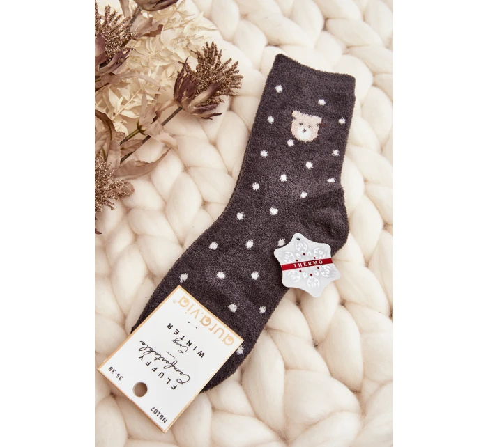 Dámské teplé puntíkované ponožky s medvídkem tmavě šedé