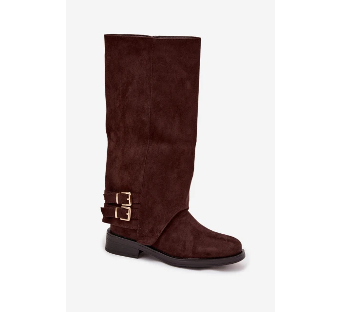 Zateplené dámské kozačky s přezkami čokoládové model 21715392 - Boto