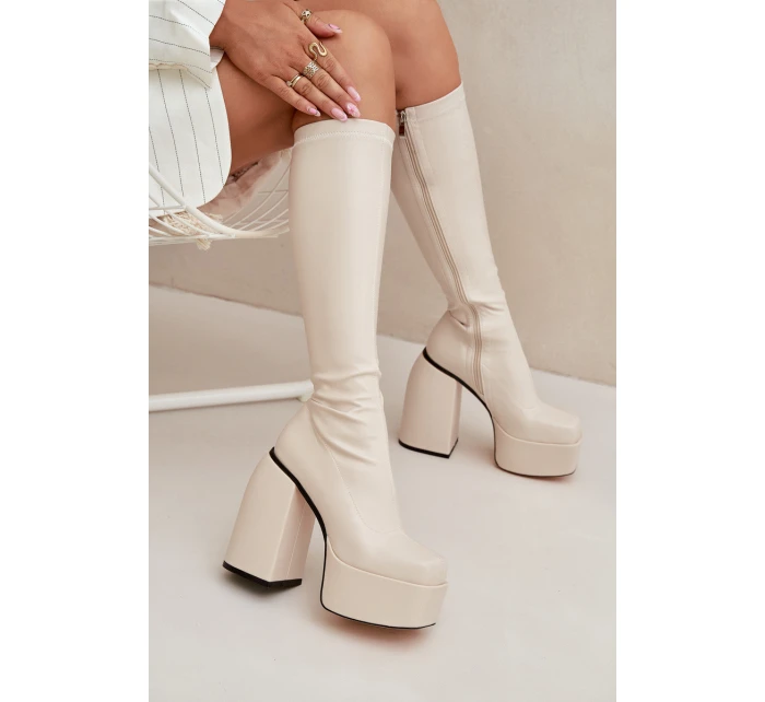 Dámské kozačky na sloupku a platformě Yavira – světle béžové