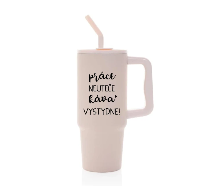 PRÁCE NEUTEČE, KÁVA VYSTYDNE! - růžový cestovní termohrnek 900 ml