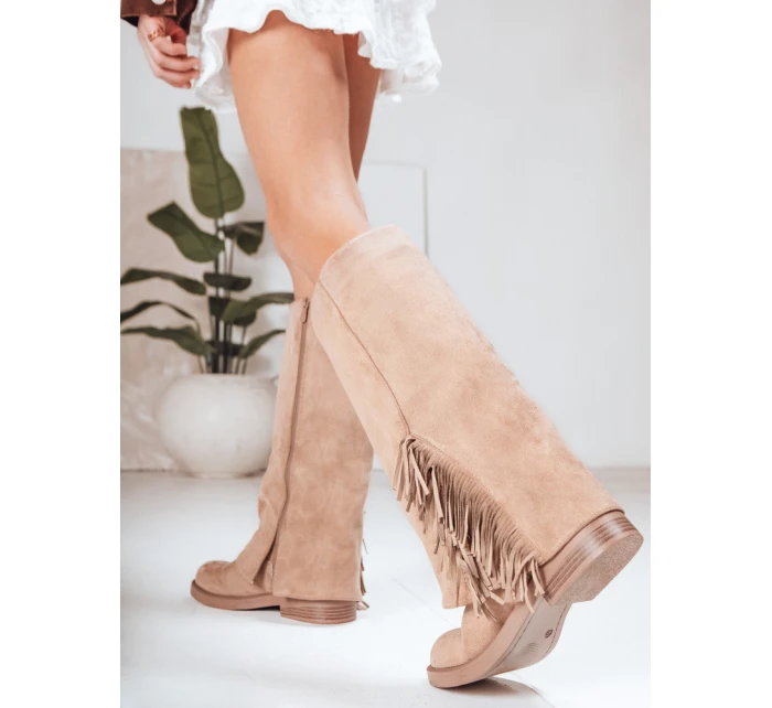 Dámské semišové kozačky s třásněmi béžové FashionStreet ZY1269