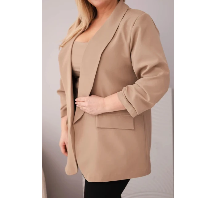 Dámské sako Plus Size elegantní tmavě camelové