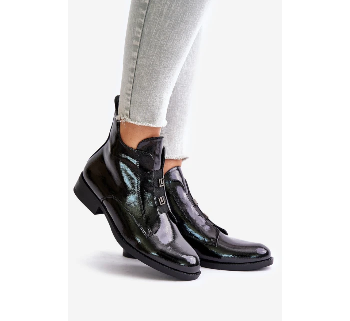 Lakované Boty Na Zip Zateplené Ploché Podpatky S.Barski HY42-717 Černé Lakované Boty Na Zip Zateplené Ploché Podpatky S.Barski HY42-717 Černé