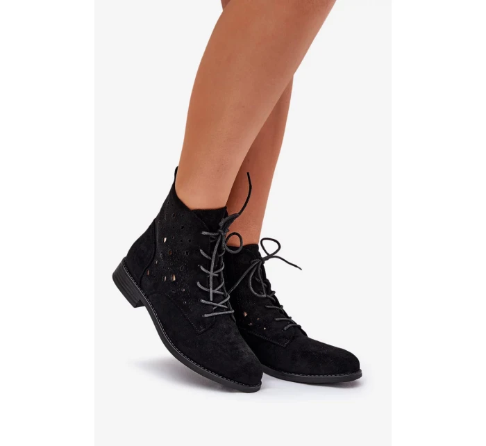 Dámské šněrovací kotníkové botky s perforovaným vzorem – černé S.Barski