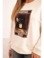 Dámská bavlněná mikina s potiskem kočky a nápisem světlá béžová