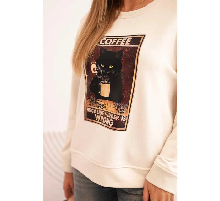 Dámská bavlněná mikina s potiskem kočky a nápisem světlá béžová