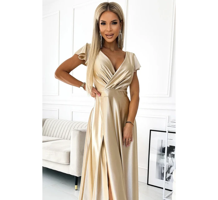 saténové dlouhé šaty model 21310011 CRYSTAL zlaté - numoco