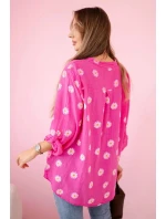 Lněná dámská halenka s květinovým vzorem, dlouhými rukávy a knoflíky Růžová