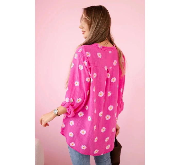 Lněná dámská halenka s květinovým vzorem, dlouhými rukávy a knoflíky Růžová