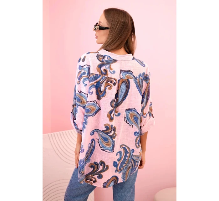 Dámská bavlněná blůza s ozdobným potiskem a ohrnutými rukávy model 21199807 růžová - K-Fashion
