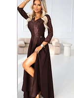 309-14 AMBER elegantní dlouhé krajkové šaty s výstřihem - čokoládové