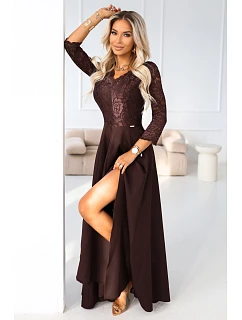 309-14 AMBER elegantní dlouhé krajkové šaty s výstřihem - čokoládové
