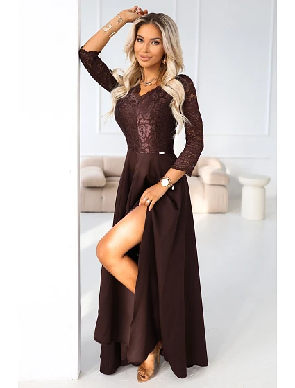309-14 AMBER elegantní dlouhé krajkové šaty s výstřihem - čokoládové 309-14 AMBER elegantní dlouhé krajkové šaty s výstřihem - čokoládové