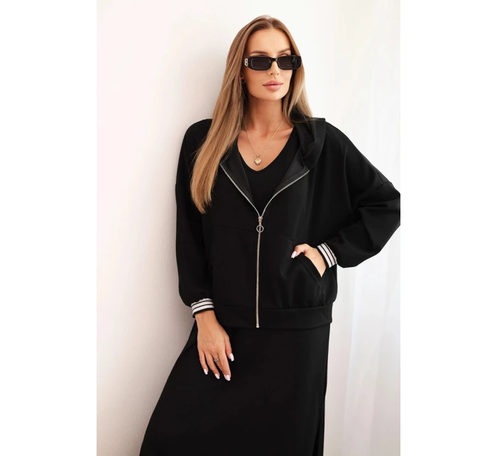 Dámská souprava z viskózy s rozepínací mikinou a dlouhou sukní černá Dámská souprava z viskózy s rozepínací mikinou a dlouhou sukní černá