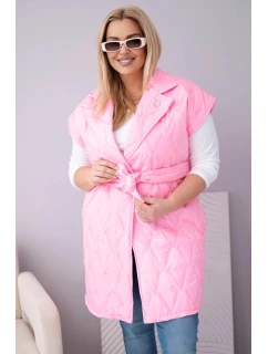 Dámská vesta Plus Size prošívaná s páskem a límcem světle růžová