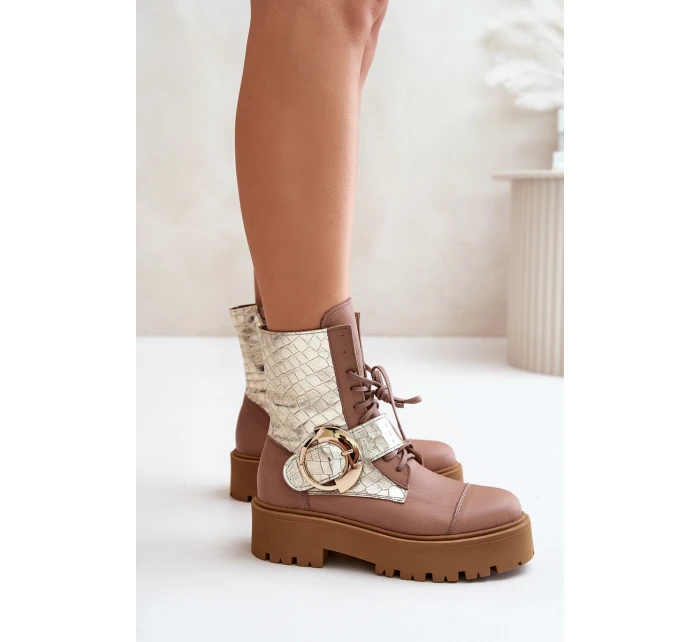 Kožené Boty Worker Se Zlatým Béžové model 21672979 - Zazoo