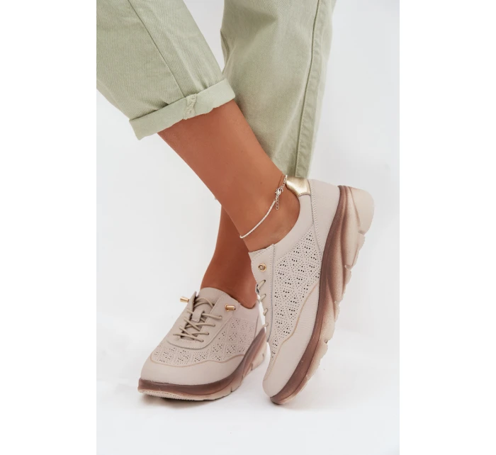 Kožené semišové dámské tenisky s otvory model 22026508 světle hnědé - SERGIO LEONE