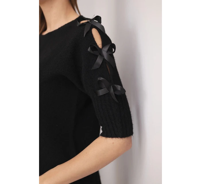 Dámský svetr s krátkým rukávem a ozdobnými mašličkami černý