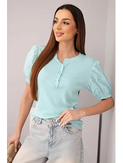 Dámská bavlněná žebrovaná halenka s nabíraným rukávem a knoflíky tmavě mátová