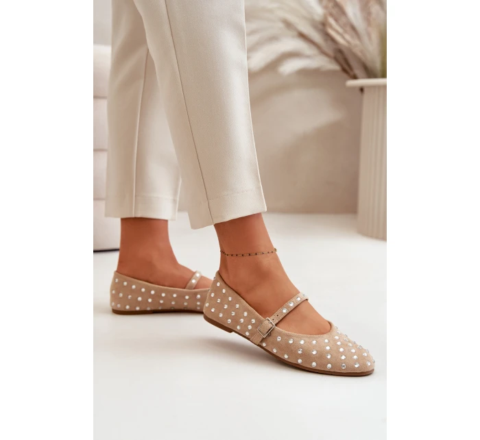 Ozdobené baleríny s páskem eko semišové béžové model 21670636 - Boto