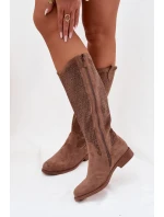 Dámské kozačky s perforovaným vzorem na nízkém podpatku S.Barski HY61-8022 Hnědé