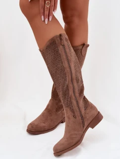 Dámské kozačky s perforovaným vzorem na nízkém podpatku S.Barski HY61-8022 Hnědé