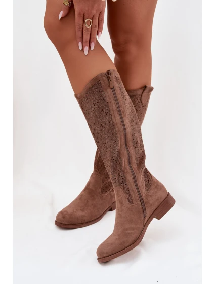 Dámské kozačky s perforovaným vzorem na nízkém podpatku S.Barski HY61-8022 Hnědé