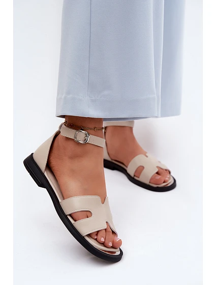 Dámské sandály z pravé kůže na ploché podrážce model 22126109 Béžové - VINCEZA