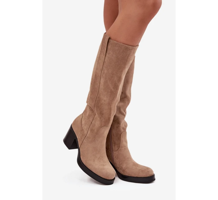 Zateplené dámské kozačky na masivním sloupkovém podpatku Sanelle – béžové