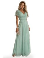 dlouhé třpytivé šaty s výstřihem a krátkými rukávy pistáciová barva model 22019068 - numoco basic