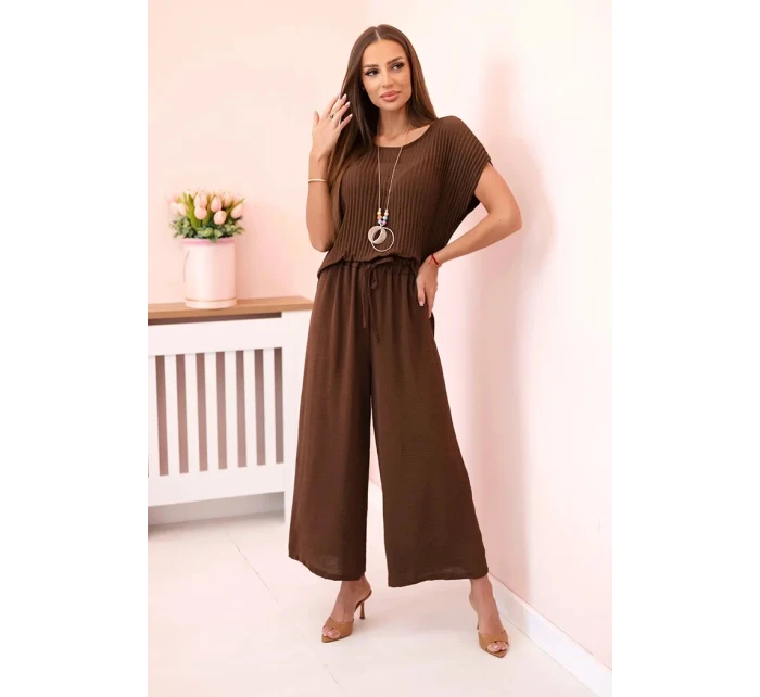 Viskózový komplet plisovaná halenka + kalhoty hnědý
